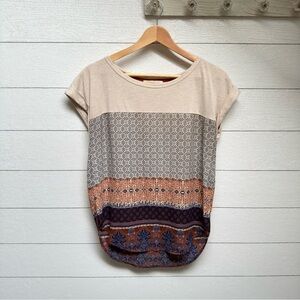 Rewind Colorblock Boho Patchwork Mixed Print Top Cream Rust Navy Size S